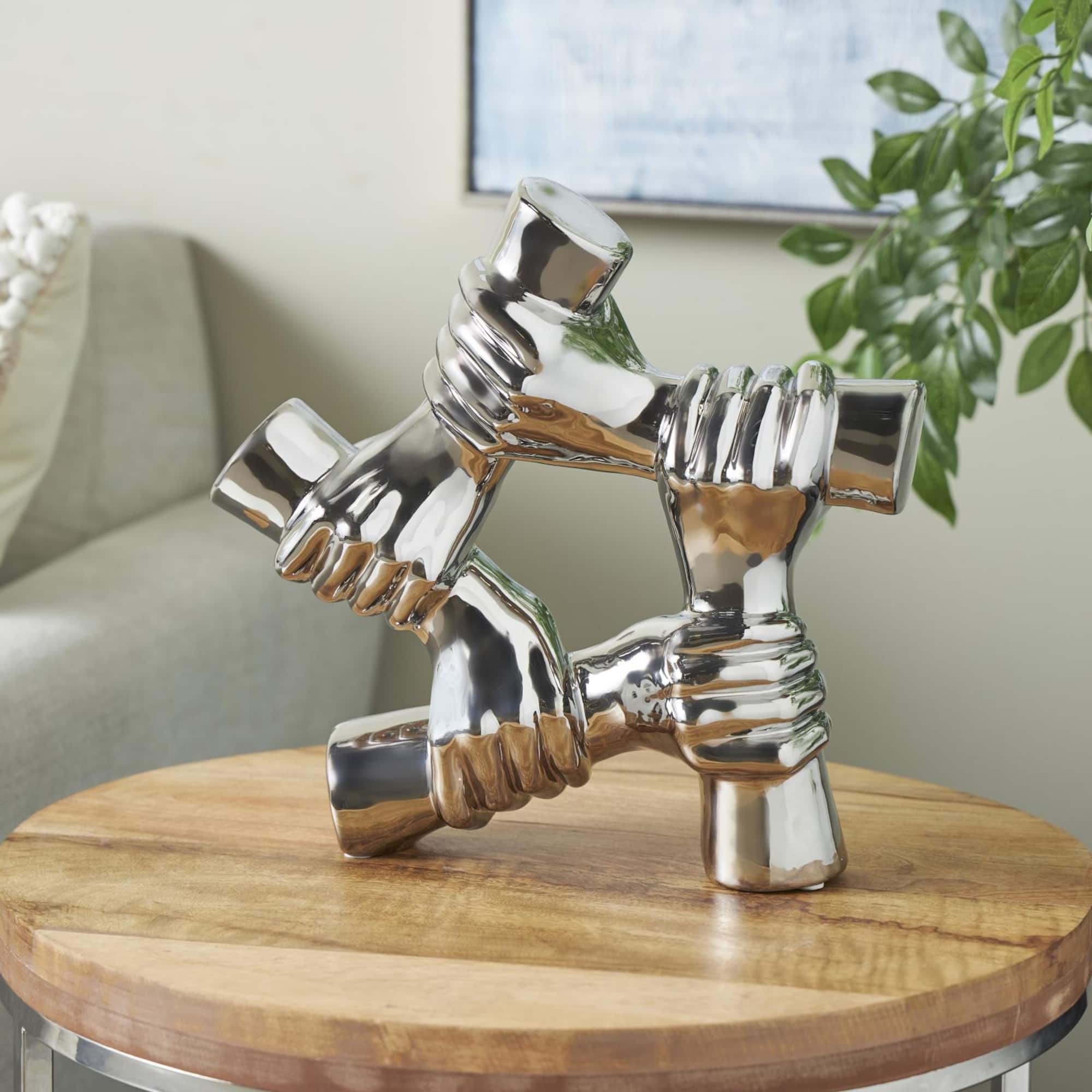 12.5" Silver Ceramic Hands Gripping Sculpture